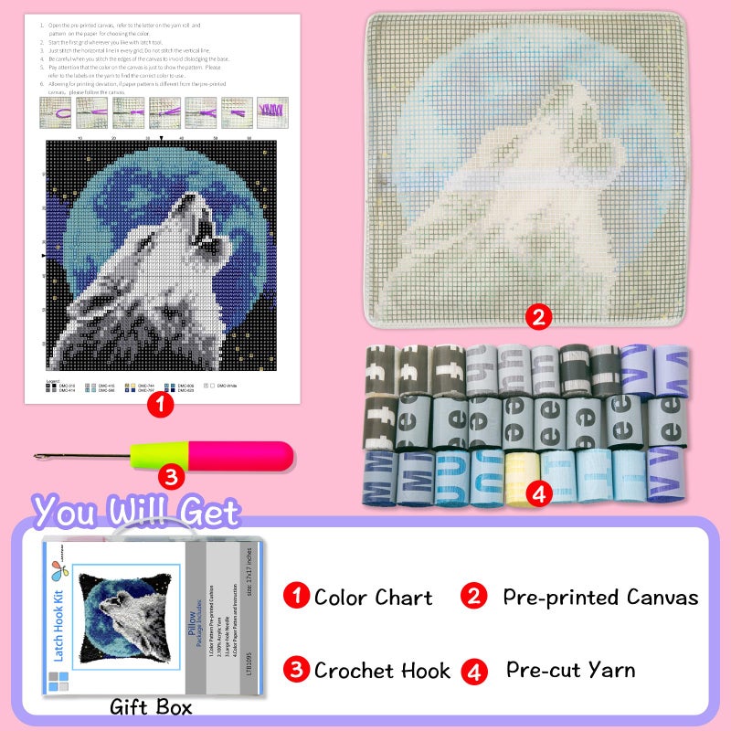 LAPATAIN Latch Hook Kits for DIY Throw Pillow Cover,Needlework Cushion Cover Hand Craft Crochet for Great Family 17X17inch Wolf(Moon) - Image 2